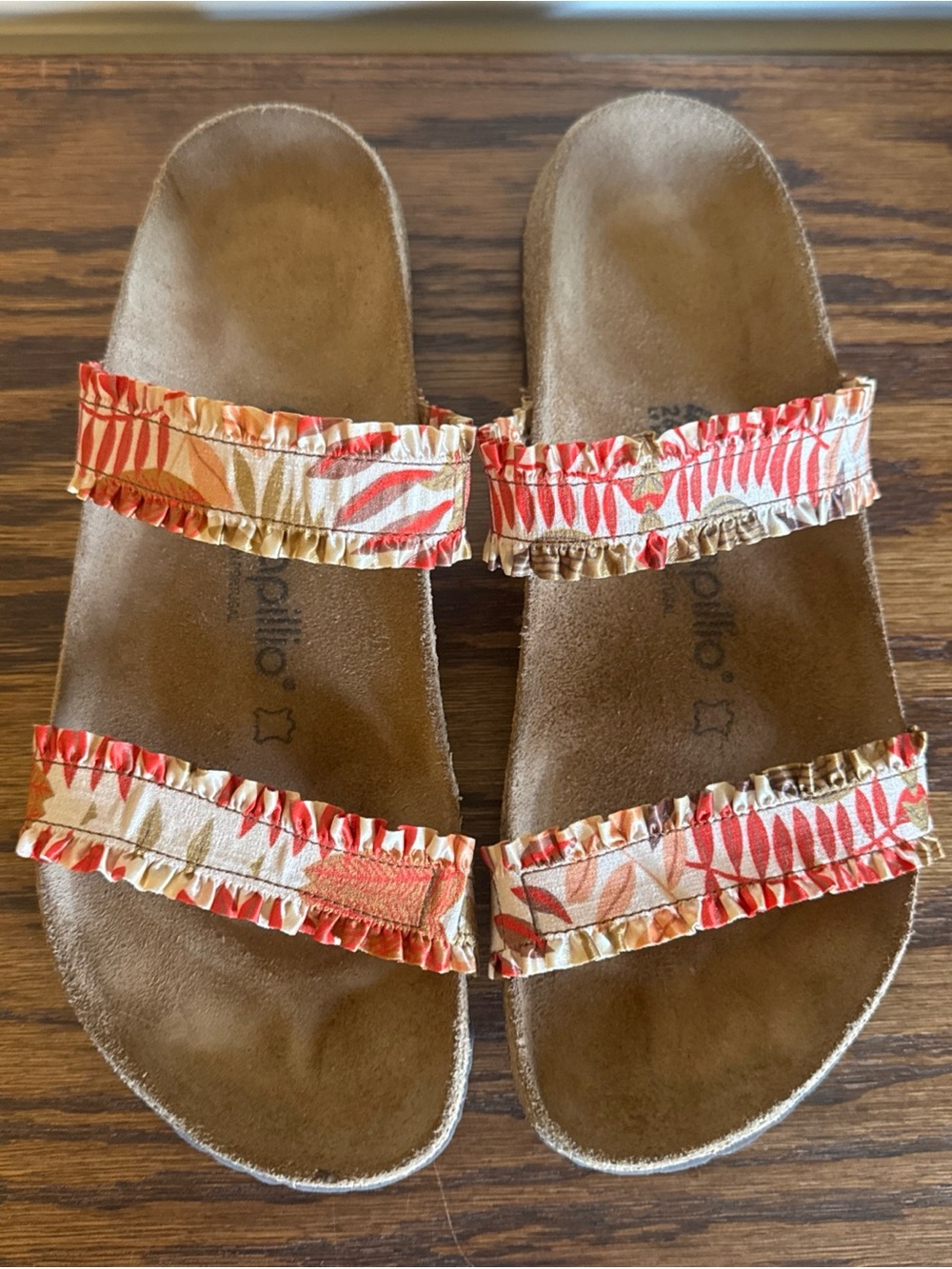 Women's Papillio by Birkenstock Ruffle Strap Slide Sandals in Coral/Tan Size 9